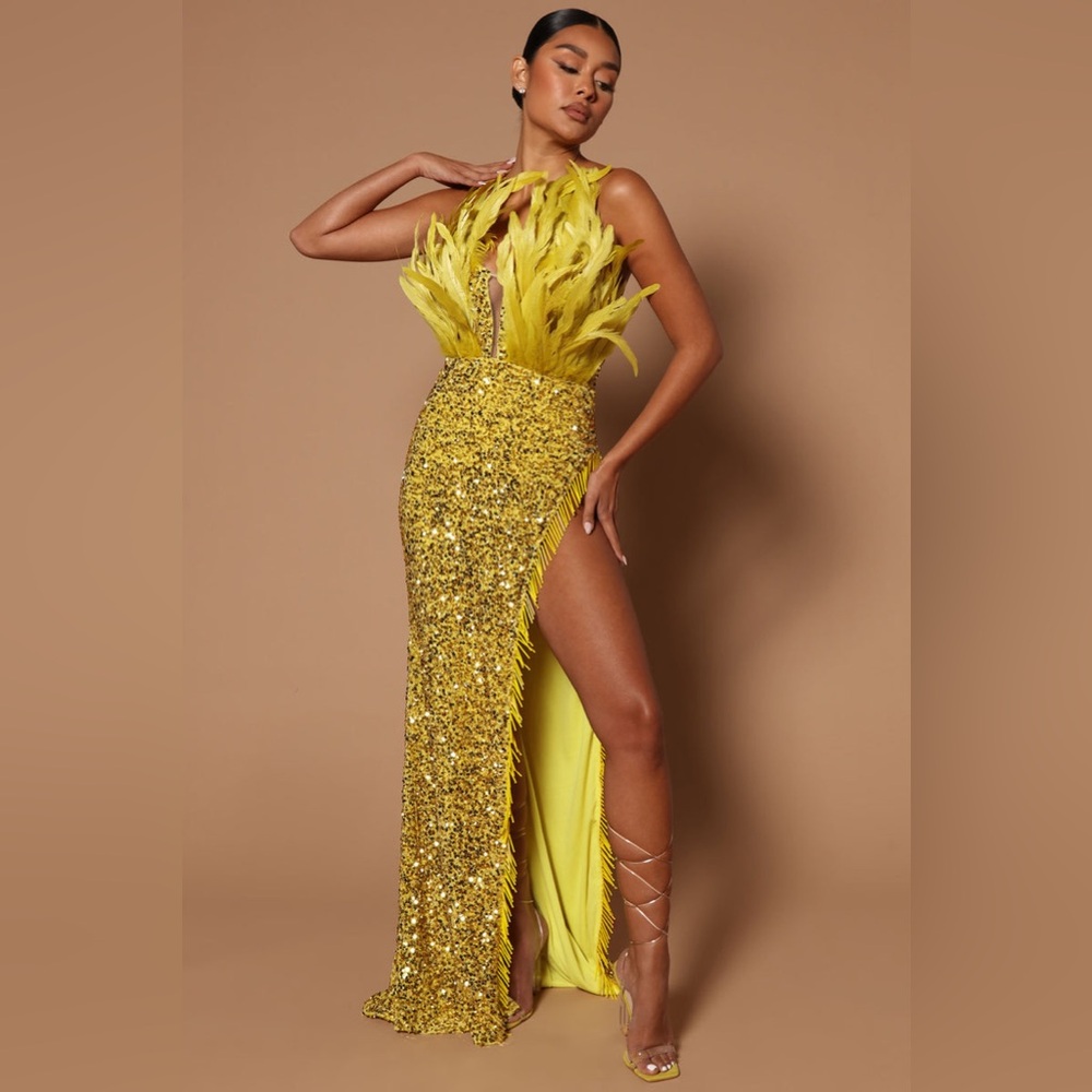 FEATHER AND SEQUIN GOWN WITH SLIT